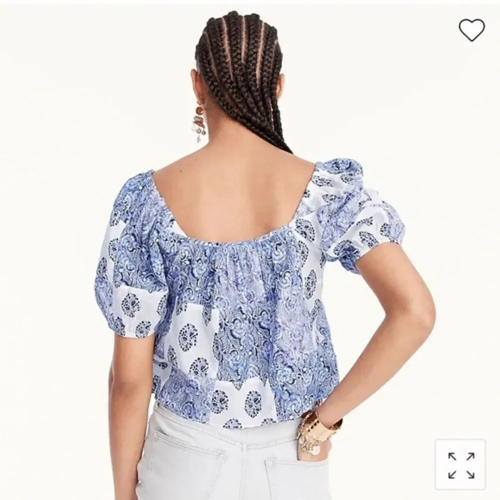 J Crew Puff Sleeve Cropped Top in Patchwork Print